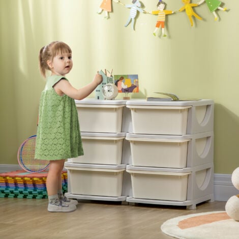 HOMCOM Kids 3 Tier Storage Unit Toy Storage Organiser Vertical Dresser Tower Cream