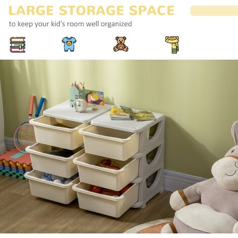 HOMCOM Kids 3 Tier Storage Unit Toy Storage Organiser Vertical Dresser Tower Cream