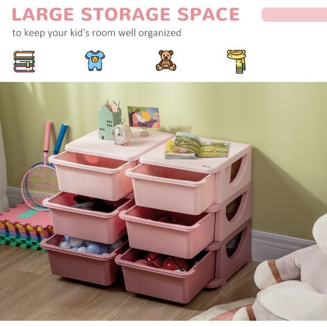 HOMCOM Kids 3 Tier Storage Unit Toy Storage Organiser Vertical Dresser Tower Pink