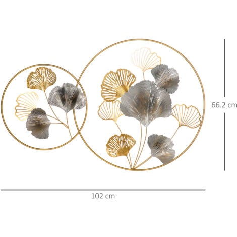 HOMCOM Minimalist Metal Wall Art Ginkgo Leaves Hanging Wall Sculpture, Gold
