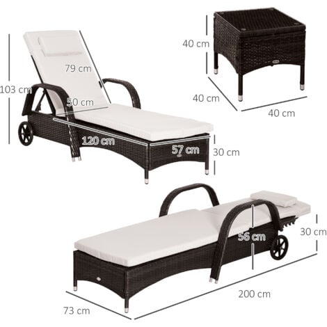 Outsunny 3 PCS Rattan Lounger Recliner Bed Garden Furniture Set Side Table Brown