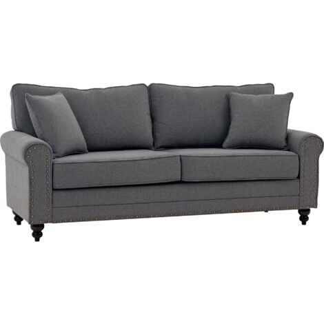 HOMCOM 3 Seater Sofas Fabric Sofa with Nailhead Trim Cushions and Throw Pillows Grey
