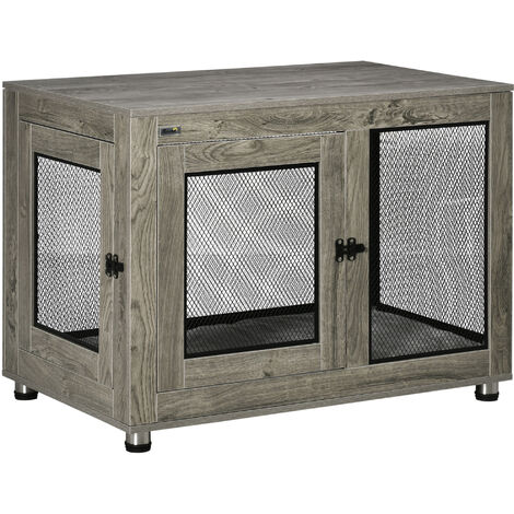 PawHut Dog Crate Furniture End Table Washable Cushion Two Doors Pet Kennel Grey