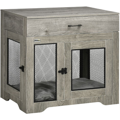 PawHut Modern Pet Crate End Table w/ Double Doors, Drawer, for Medium Dogs