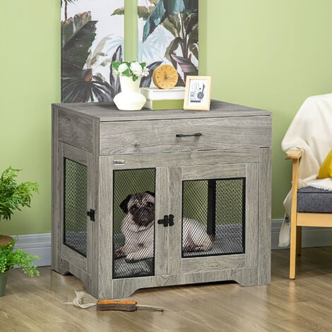 PawHut Modern Pet Crate End Table w/ Double Doors, Drawer, for Medium Dogs