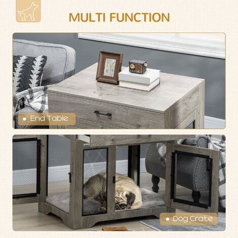 PawHut Modern Pet Crate End Table w/ Double Doors, Drawer, for Medium Dogs