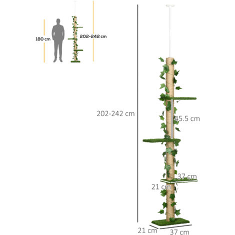 PawHut 242cm Adjustable Floor-To-Ceiling Cat Tower w/ Anti-Slip Kit Green