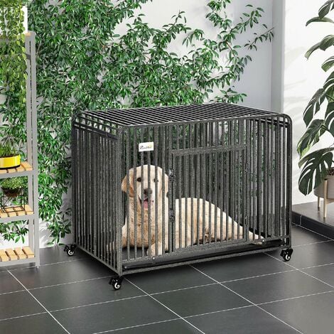 Pawhut Rolling Heavy Dut Dog Crate For Medium, Large Dogs W  Removable Tray