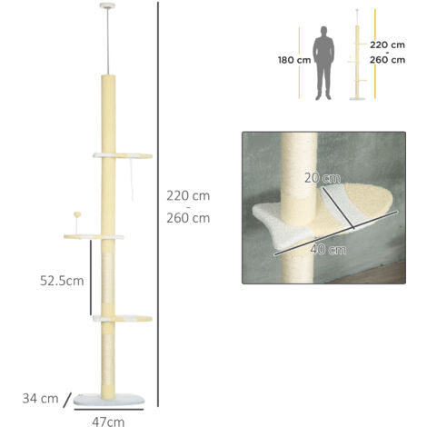 PawHut 260cm Height Adjustable Floor-To-Ceiling Cat Tower w/ Anti-Slip Kit