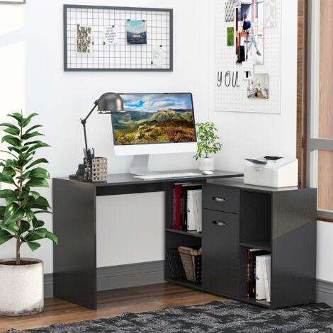 HOMCOM Dual-use Adjustable Large L-Shaped Computer Desk Laptop Workstation Black