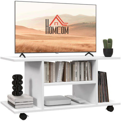 Modern TV Cabinet Stand 3 Tier shelf Storage Shelves Table Wheels White (1/5)