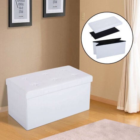 HOMCOM PU Leather Ottoman Storage Bench Folding Footstool Button Tufted Footrest Cream White