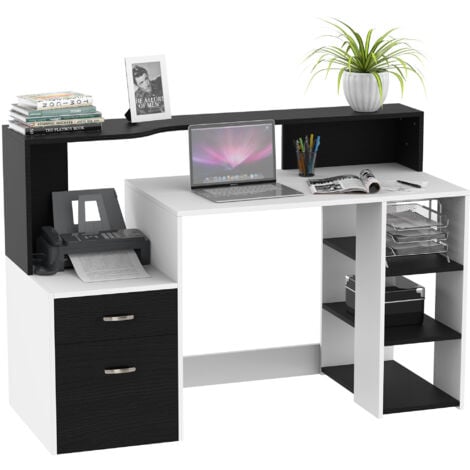 Homcom Wooden Computer Desk Pc Table Modern Home Office Writing Workstation Furniture Printer Shelf Rack W Storage Drawer Shelves Black And White