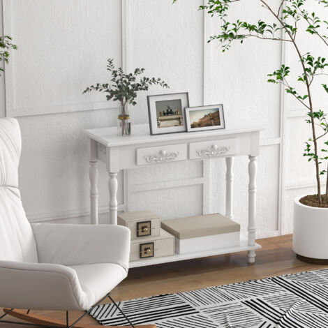 HOMCOM Wooden Console Table with Storage Shelf Two Drawers for Entryway White
