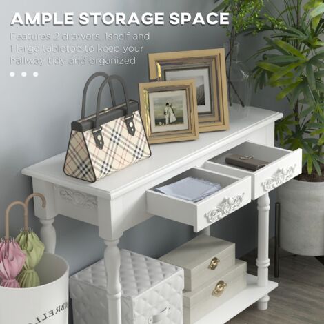 HOMCOM Wooden Console Table with Storage Shelf Two Drawers for Entryway White