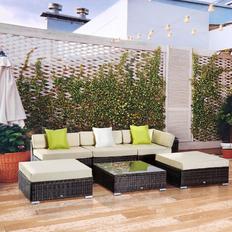 Outsunny 6 Pieces Rattan Furniture Set Conservatory Sofa Deluxe Wicker Garden Brown