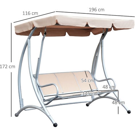 Outsunny 3 Seat Metal Fabric Backyard Balcony Patio Swing Chair with Canopy Top Beige