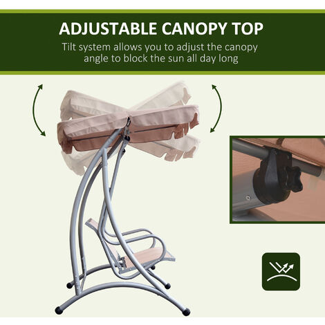 Outsunny 3 Seat Metal Fabric Backyard Balcony Patio Swing Chair with Canopy Top Beige