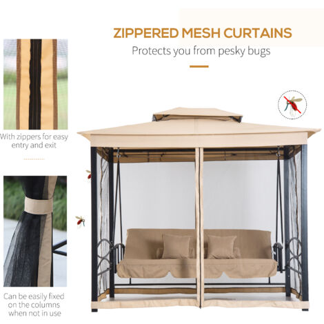 Outsunny 3 Seater Swing Chair Hammock Gazebo Patio Bench Outdoor Beige