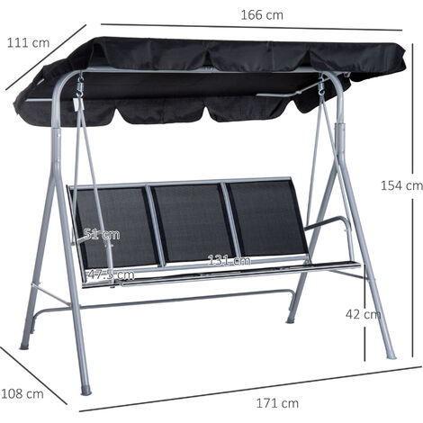 Outsunny Metal Swing Chair Garden Hammock 3 Seater Patio Bench w/ Canopy Black