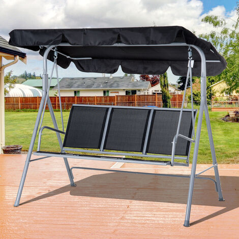Outsunny Metal Swing Chair Garden Hammock 3 Seater Patio Bench w/ Canopy Black