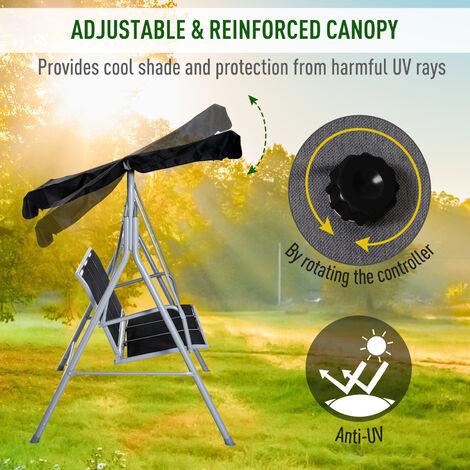 Outsunny Metal Swing Chair Garden Hammock 3 Seater Patio Bench w/ Canopy Black