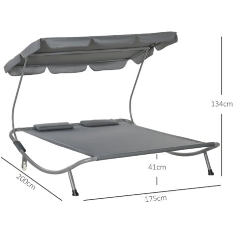 Outsunny Garden Double Hammock Sun Lounger Day Bed Canopy 2 Pillows w/ Stand Grey