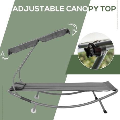 Outsunny Garden Double Hammock Sun Lounger Day Bed Canopy 2 Pillows w/ Stand Grey