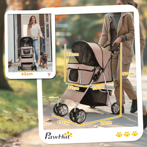PawHut Pet Stroller for Small Miniature Dogs Foldable Travel Carriage Cup Holder Brown