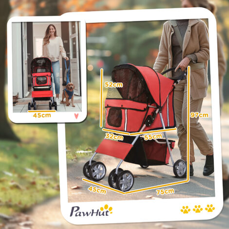PawHut Pet Stroller for Small Miniature Dogs Foldable Travel Carriage Cup Holder Red