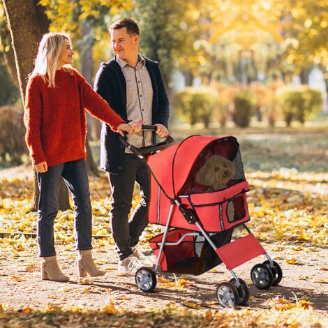 PawHut Pet Stroller for Small Miniature Dogs Foldable Travel Carriage Cup Holder Red