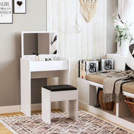 HOMCOM Dressing Table Set Cushioned Stool Flip-up Mirror Chipboard White