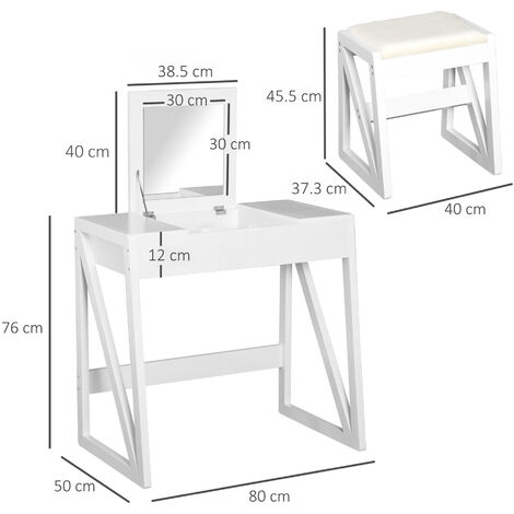 Homcom Mdf Pine Dressing Table Set Cushioned Stool Writing Desk Flip Up Mirror Makeup Modern White