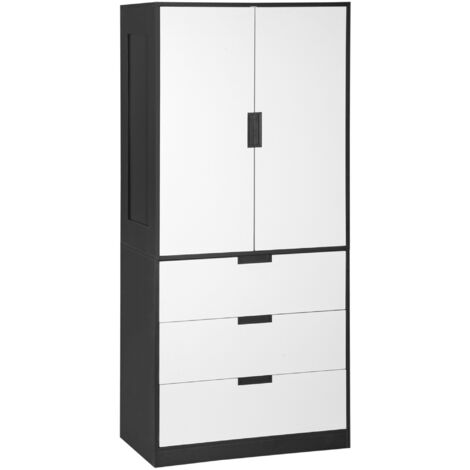 HOMCOM 2 Door Wardrobe Grey Wardrobe with 3 Drawer and Hanging Rod for Bedroom Black