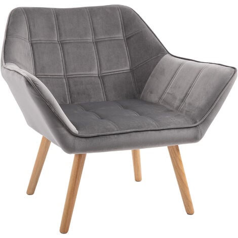 HOMCOM Luxe Velvet-Feel Accent Chair w/ Wide Arms Slanted Back Wood Legs Grey