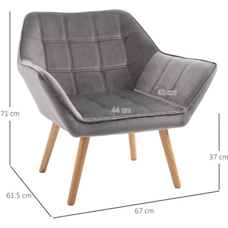 HOMCOM Luxe Velvet-Feel Accent Chair w/ Wide Arms Slanted Back Wood Legs Grey