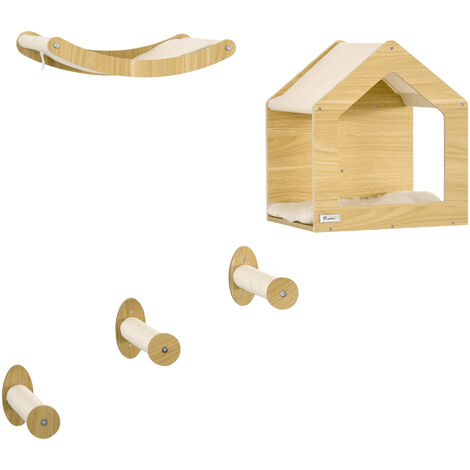 PawHut 5PCs Wall Mounted Cat Tree Cat Climbing Shelf Set Scratching Post, Oak