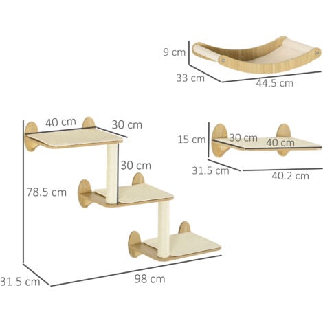 PawHut 3PC Wall Mounted Cat Tree Climbing Shelf Set with Scratching Post Oak