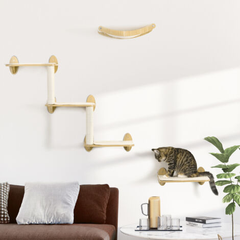 PawHut 3PC Wall Mounted Cat Tree Climbing Shelf Set with Scratching Post Oak