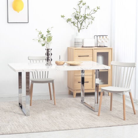 Modern Dining Table with Marble Effect Top Steel Legs for Living Room White