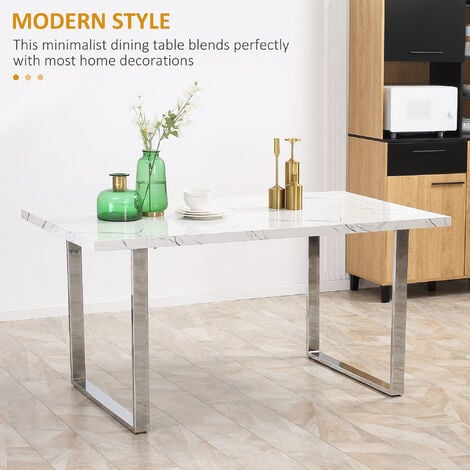 Modern Dining Table with Marble Effect Top Steel Legs for Living Room White