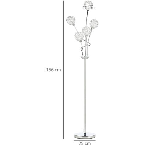 HOMCOM Modern Floor Lamp w/ K9 Crystal Shade, 5 Light, for Living Room Silver