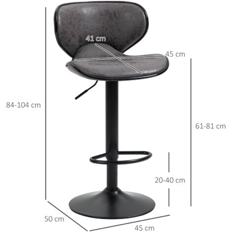 Vintage Bar Stool Set of 2 Faux Leather Adjustable Height Armless Chairs Grey