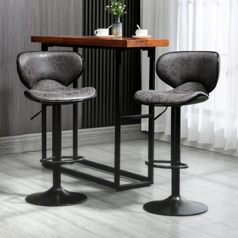 Vintage Bar Stool Set of 2 Faux Leather Adjustable Height Armless Chairs Grey