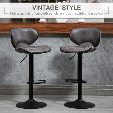 Vintage Bar Stool Set of 2 Faux Leather Adjustable Height Armless Chairs Grey