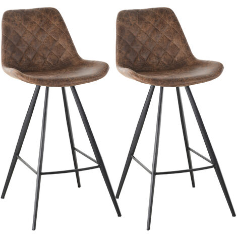 Set of 2 Bar Stools Padded Comfortable Steel Frame Footrest for Kitchen Brown