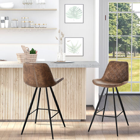 Set of 2 Bar Stools Padded Comfortable Steel Frame Footrest for Kitchen Brown