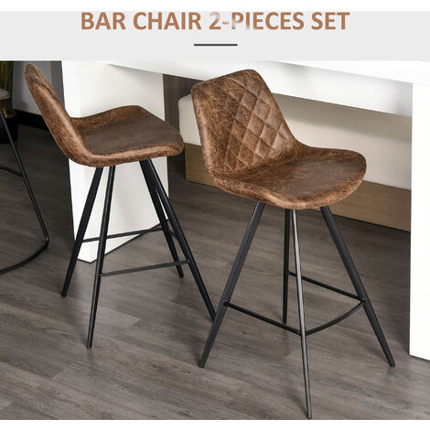 Set of 2 Bar Stools Padded Comfortable Steel Frame Footrest for Kitchen Brown