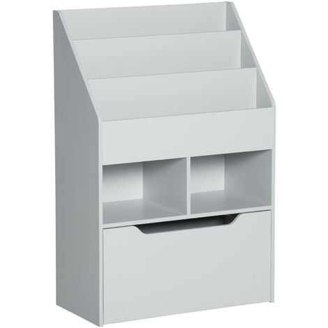 HOMCOM Kids Bookshelf Bookcase with Storage Drawer with Wheels Toy Organiser Grey