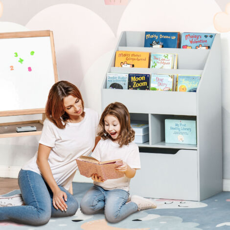 HOMCOM Kids Bookshelf Bookcase with Storage Drawer with Wheels Toy Organiser Grey